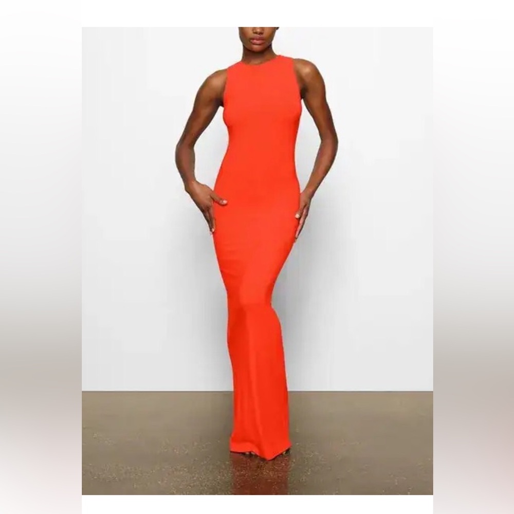 Skims Ribbed Soft Lounge Sleeveless Long Dress Orange - Small